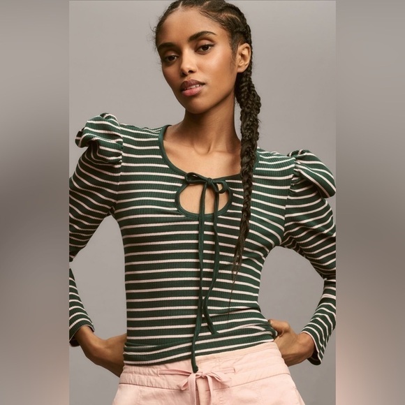 NWT Anthropologie Porridge Puff-Sleeve Tie-Front Top in Green, XXS - Picture 1 of 12